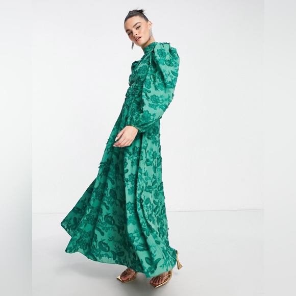 ASOS DESIGN belted maxi skater dress in textured jacquard in green - Picture 4 of 4